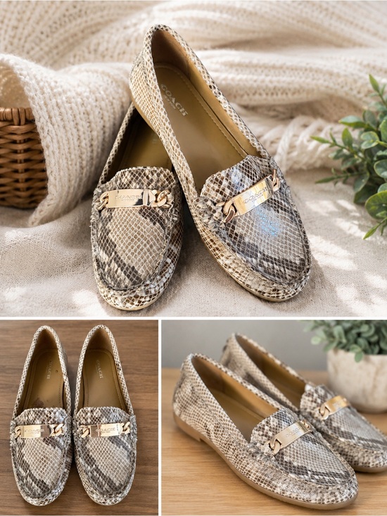 Coach Shoes - Coach Women’s Snakeskin-Print Loafers in Beige and Brown with Gold Hardware